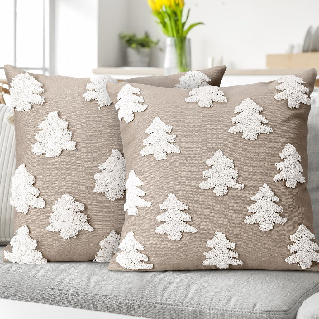 Mixweer 2 Pcs Christmas Pillow Covers 18x18 Inch Neutral Christmas Tree Embroidery Throw Pillow Covers Decorative Throw Cushion Case for Xmas Winter Holiday Decoration (Beige)