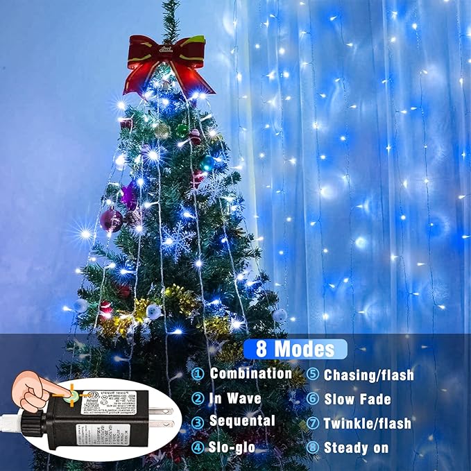 500 LED Christmas Lights Outdoor, 164ft Christmas String Lights for Bedroom 8 Modes Waterproof Plug in Twinkle Fairy Light for Indoor Outside Bedroom Home Party Decoration, Blue&White