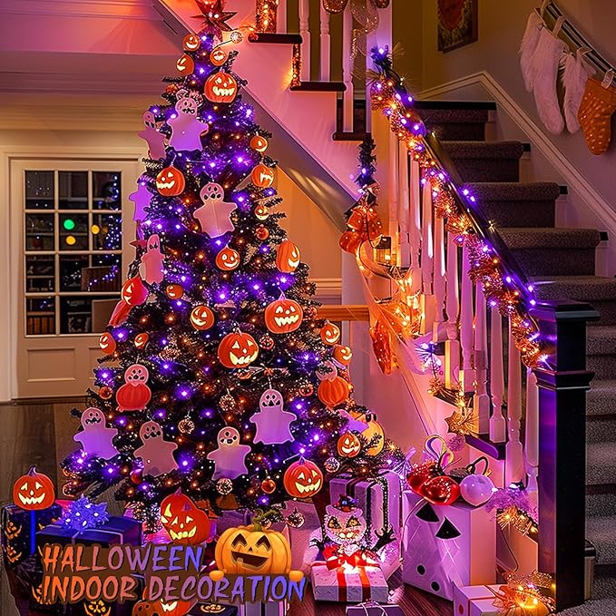 JMEXSUSS 600 LED Halloween String Lights Outdoor, Orange and Purple Halloween Lights Clear Wire, Twinkle String Lights Plug in for Tree Christmas Decorations