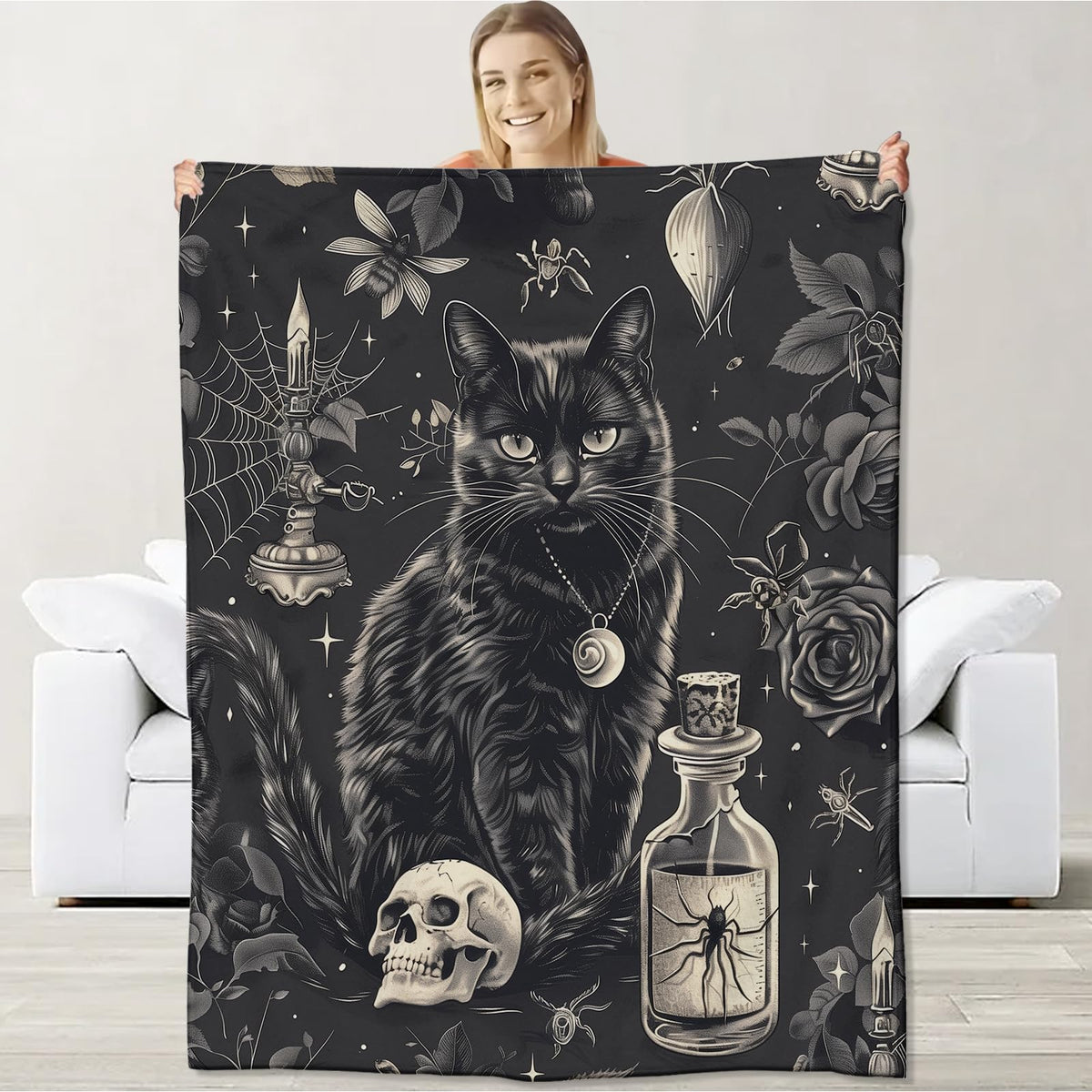 Goth Skull Blanket for Boys Kids Men Women, Flannel Skeleton Blankets Gifts, Halloween Black Cat Throw Blanket for Sofa Couch Bed Living Room Soft Warm Cozy Gothic Decor 60" x 50"