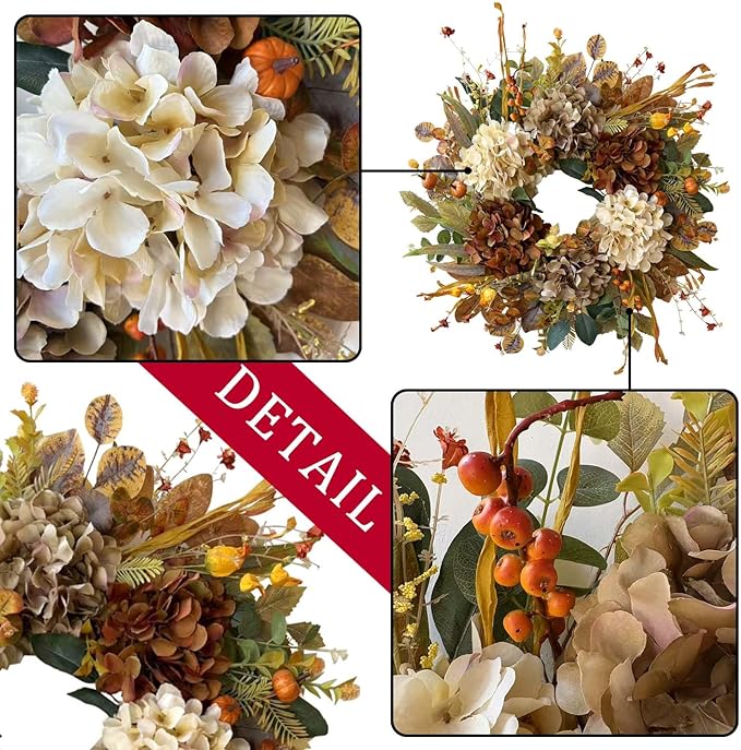 WANNA-CUL 24 Inch Fall Wreaths for Front Door with Hydrangea,Little Pumpkins-Fall Decorations for Home,Fall Door Wreath Decor for Autumn,Harvest, Halloween or Thanksgiving