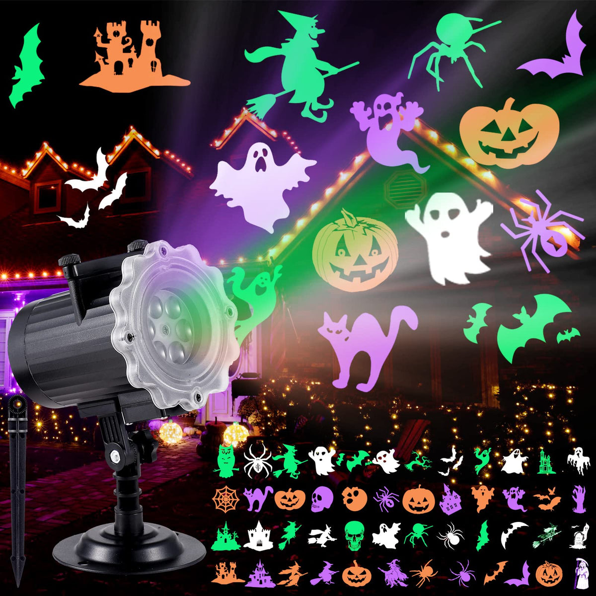 Treela Halloween Projector Lights Outdoor 12 Slides LED Ghost Pumpkin Lights Outside Decorations for Holiday Garden Decorations(Style A)