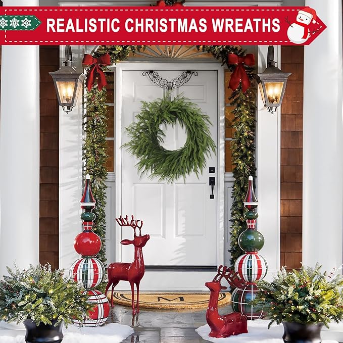 24 Inch Real Touch Christmas Wreath, Natural Droopy,Soft Bendable Winter Wreaths for Front Door, Christmas Wreaths for Front Door, Cedar Wreath, Indoor Christmas Decorations Outdoor for Home Decor