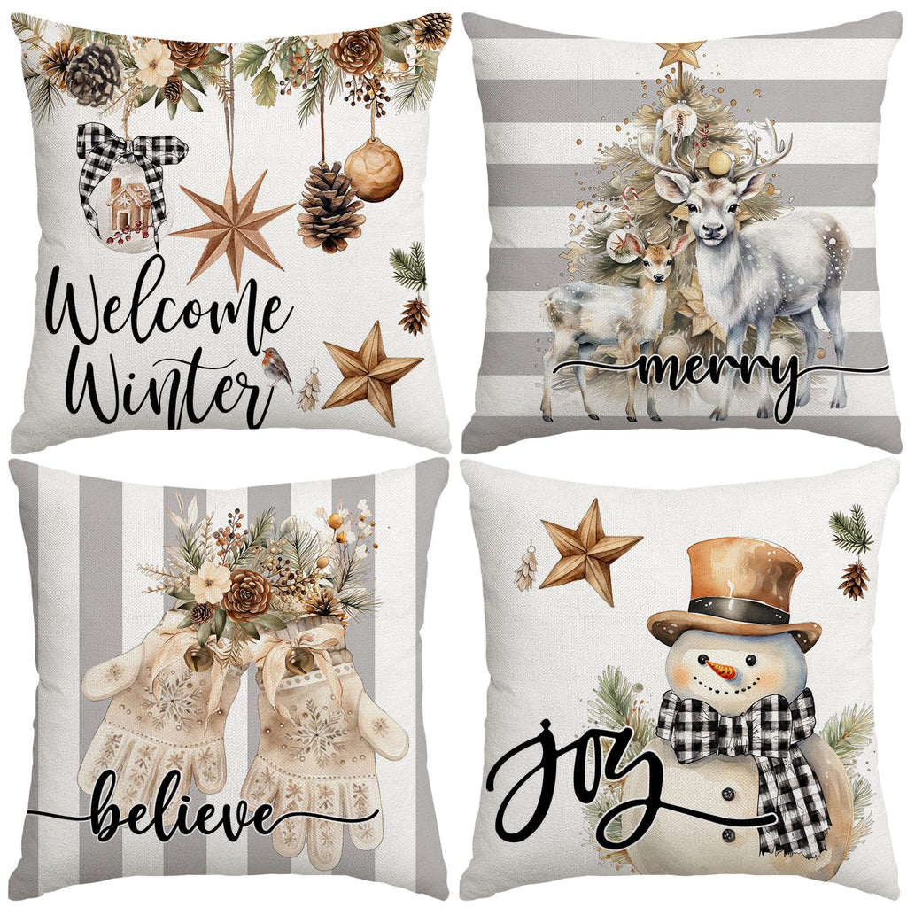 Artmag Christmas Pillow Covers 16x16 inch Set of 4 Snowman Gloves Welcome Winter Grey White Strip Christmas Throw Pillow Covers Winter Farmhouse Decoration for Home