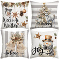 Artmag Christmas Pillow Covers 16x16 inch Set of 4 Snowman Gloves Welcome Winter Grey White Strip Christmas Throw Pillow Covers Winter Farmhouse Decoration for Home