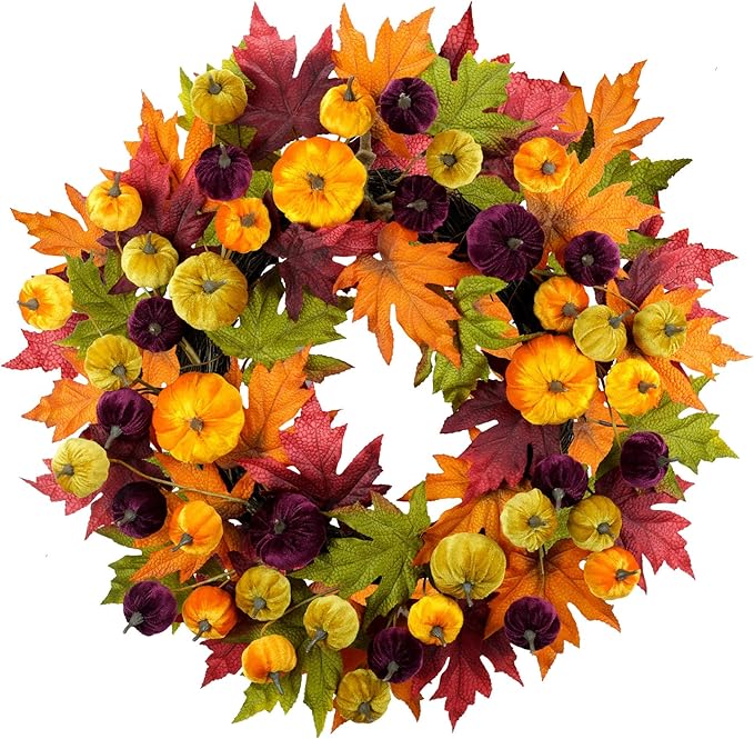 YULETIME 24" Fall Wreath, Artificial Autumn Wreath with Red, Orange, Green Maple Leaves and Orange, Purple, Green-Yellow Pumpkins (Pumpkin & Maple Leaf)