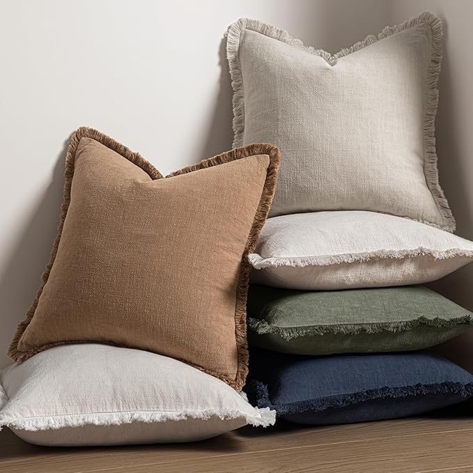MIULEE Christmas Decorative Throw Pillow Covers Neutral Linen Fringe Fall Throw Pillows Set of 2 Natural Beige Boho Farmhouse Cushion Covers with Tassels for Couch Sofa Bed Home Decor 20x20 Inch