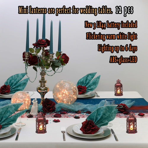 12PCS Mini Lantern with Flicker LED Candle for Halloween Decorations, Small Lanterns Decorative, Vintage Hanging Moroccan Lantern for Wedding Halloween Christmas Decor, Table Centerpiece, Rose Gold