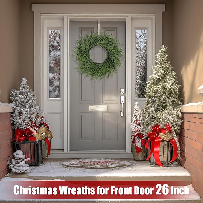 Artgar 26 Inch Pine Wreath - Christmas Wreaths for Front Door - Real Touch Pine Wreath - Large Artificial Green Wreaths for Walls Windows Porches Farmhouse Indoor Outdoor Home Decor (2 Pcs)