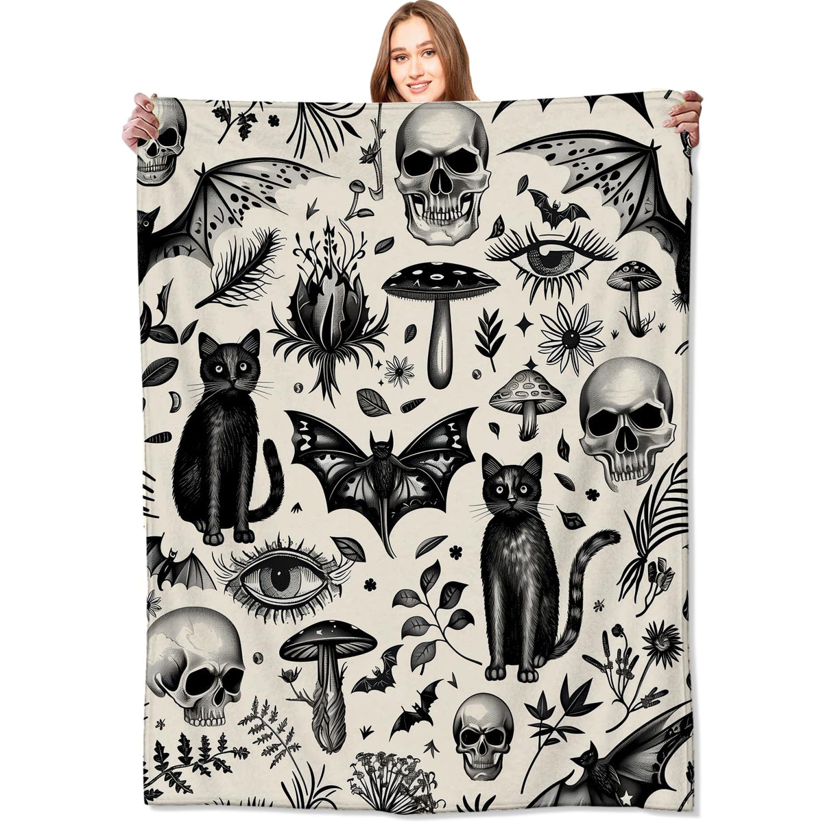 VODRM Spooky Goth Blanket Gothic Black Cats, Skulls, and Bats Throw Blankets Gifts for Girls Boys Adults Lightweight Soft Fleece Cozy for Sofa Couch Bed Room Travel Birthday Halloween Decor 50x60in