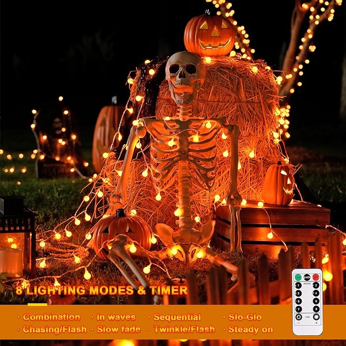 JMEXSUSS Orange Lights for Halloween, 33ft with 8 Modes Remote, 100 LED Globe String Lights Outdoor Battery Operated for Halloween Bedroom Thanksgiving Party Christmas Decor