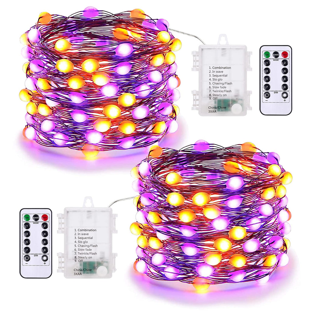 BrizLabs Purple & Orange Halloween Lights, 2 Pack 17.48ft 50 LED Halloween String Lights with Remote, 8 Modes Battery Purple & Orange Fairy Light Waterproof Twinkle Light for Outdoor Haunted Decor