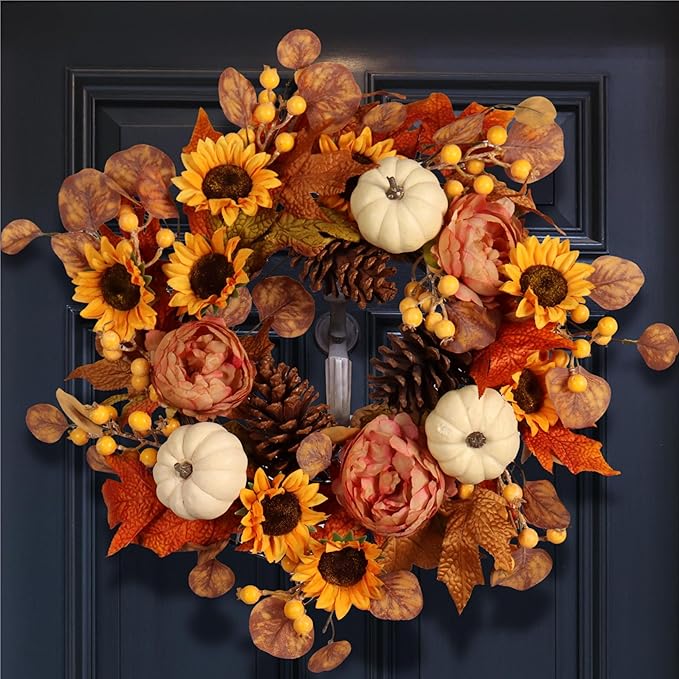 Artificial Fall Autumn Wreath 22 in with Sunflower,Peony,Pumpkin, Eucalyptus Leaf for Front Door Thanksgiving Wreaths Wall Window Harvest Festival Celebration