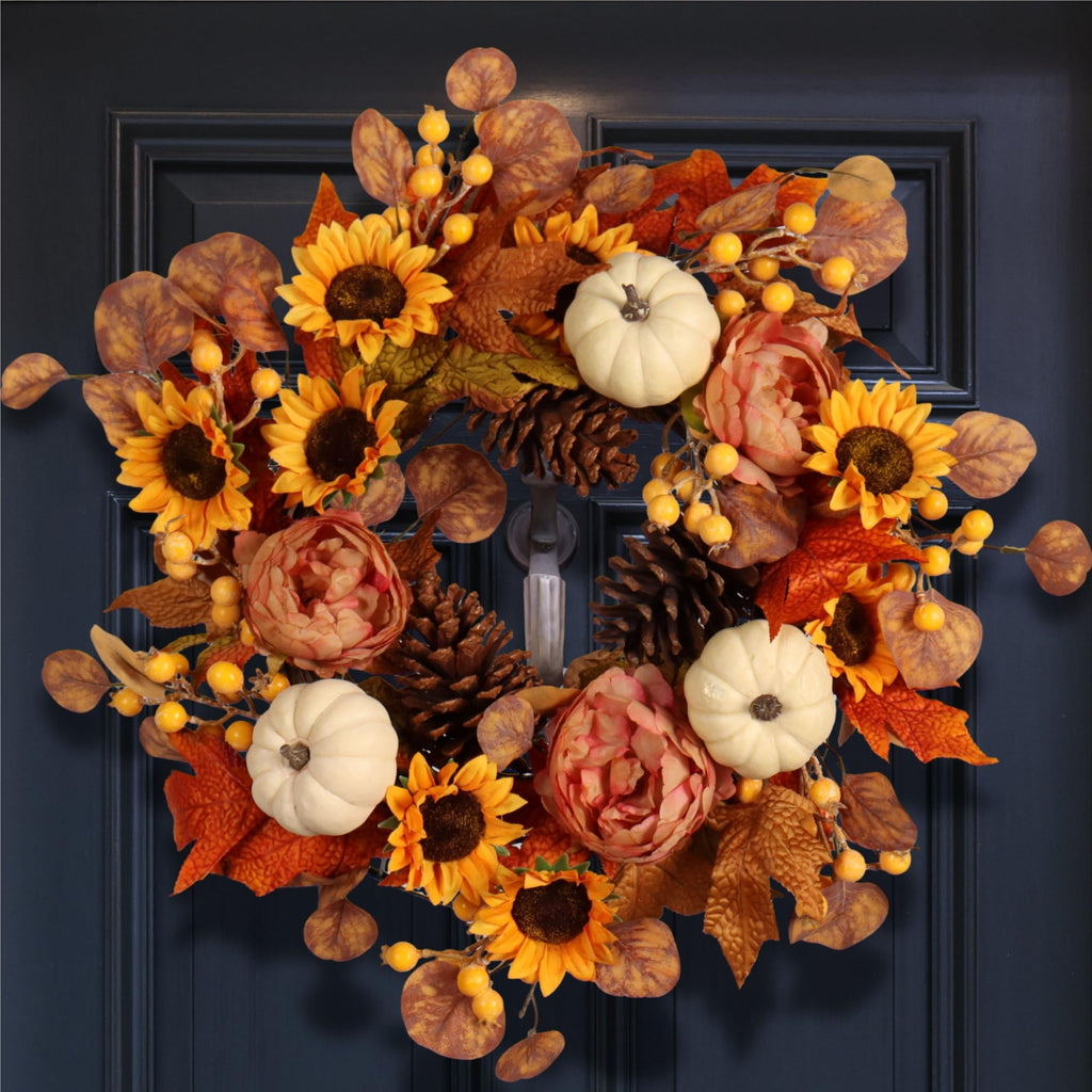 Artificial Fall Autumn Wreath 22 in with Sunflower,Peony,Pumpkin, Eucalyptus Leaf for Front Door Thanksgiving Wreaths Wall Window Harvest Festival Celebration