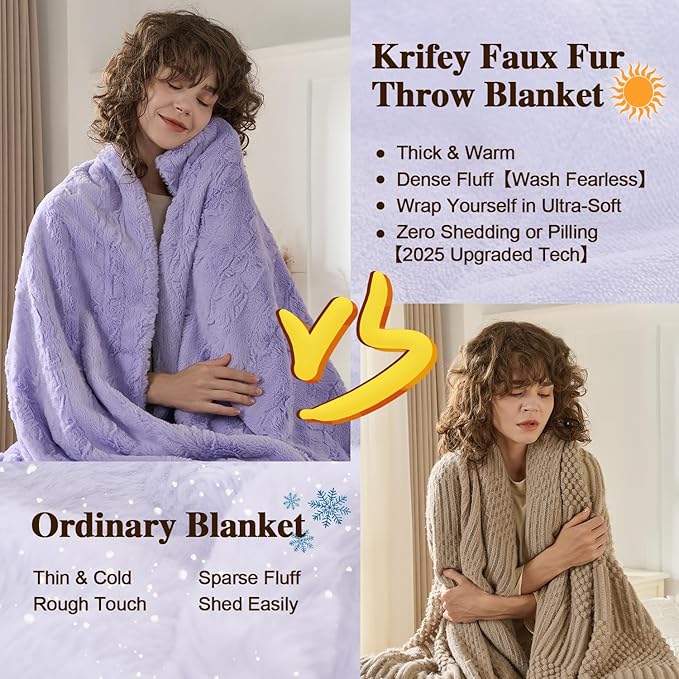 Krifey Faux Fur Throw Blanket for Bed, 3D Marble Texture Soft Throws, Cozy Fuzzy Plush Thick Warm Blanket, Christmas Birthday Gifts for her Girls Women Mom, Light Purple, 60x80in