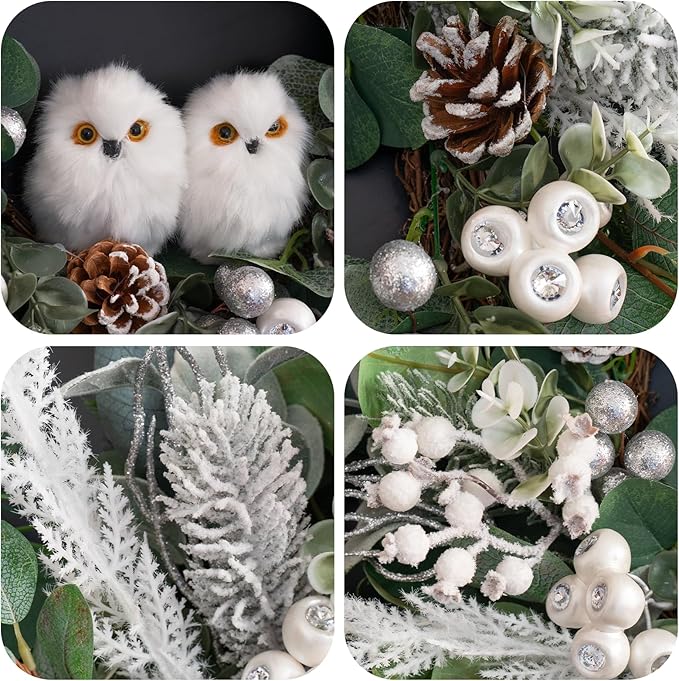 Winter Wreath for Front Door, 24 Inch Christmas Wreath with Owl Decor, Pine Cones, and Evergreen Greenery, Festive Winter Door Decor, Artificial Holiday Farmhouse Rustic Wreath