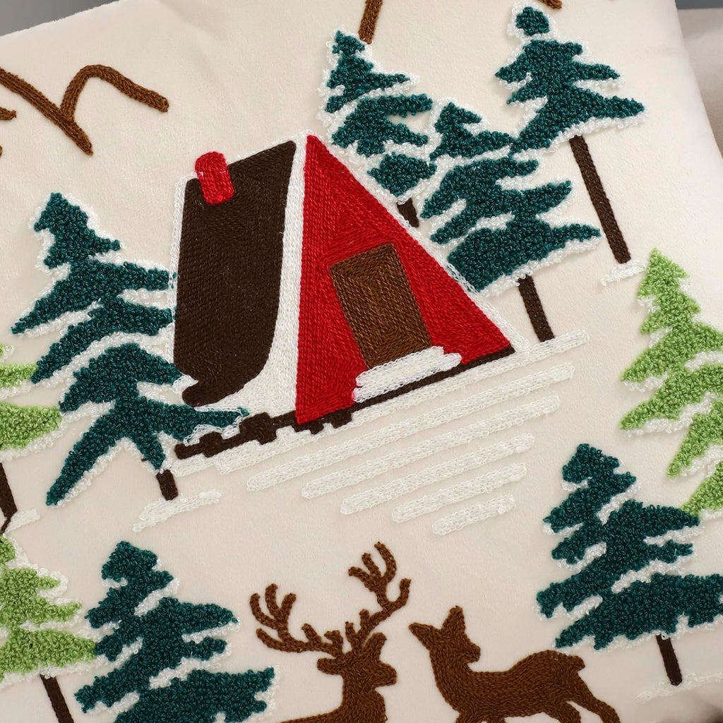 LUOYEHK Christmas Pillow Covers 18x18 Set of 2 House and Deer Decorative Beige Pillow Cases Winter Holiday Velvet Embroidered Cushion Covers for Couch Sofa Bed
