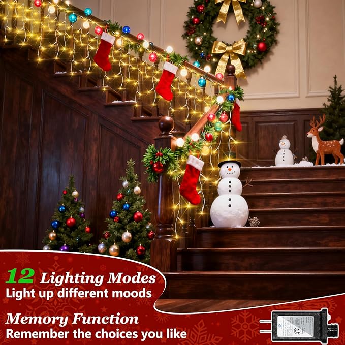 670 LED Christmas Lights Outdoor, 66ft Warm White String Lights Indoor with 148 Drops 12 Modes, Dimmable Curtain Window Lights, Waterproof Twinkle Fairy Lights with Timer for Christmas Decorations