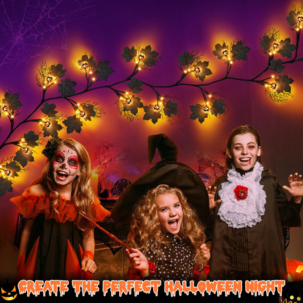 6 FT 54 LED Halloween Lights, 8 Modes & Timer Battery Operated Halloween Pumpkins Lights with Willow Vine Twig Garland, 3D Waterproof Decorations Lights for Home Indoor Wall Fireplace Mantle Party