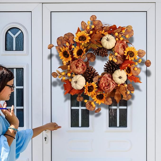 Artificial Fall Autumn Wreath 22 in with Sunflower,Peony,Pumpkin, Eucalyptus Leaf for Front Door Thanksgiving Wreaths Wall Window Harvest Festival Celebration