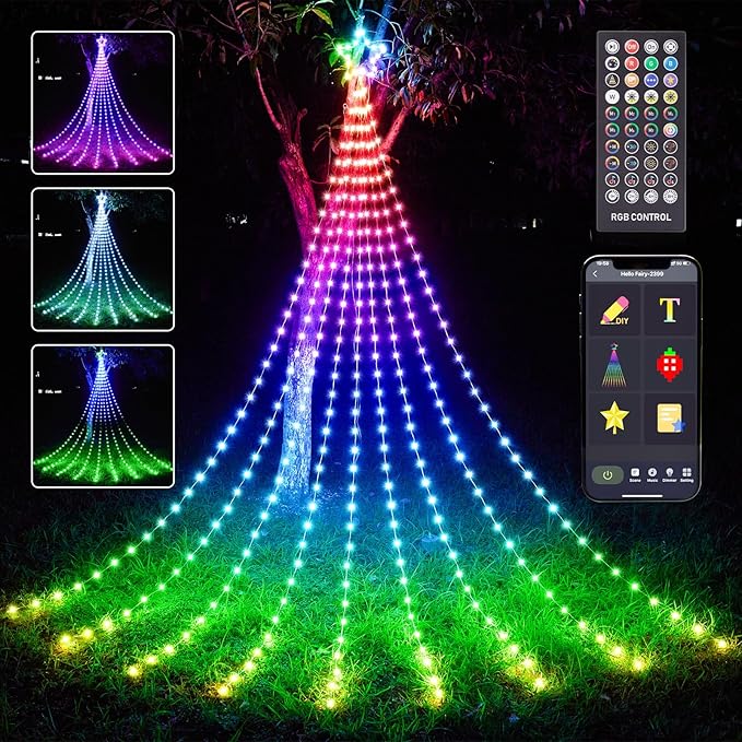 Outdoor Christmas Decorations, 11.8FT RGB Color Changing Christmas Hanging Waterfall String Lights with Star, APP Remote Control, DIY Multi-Color Lightshow, Music Sync, Xmas New Year Decor