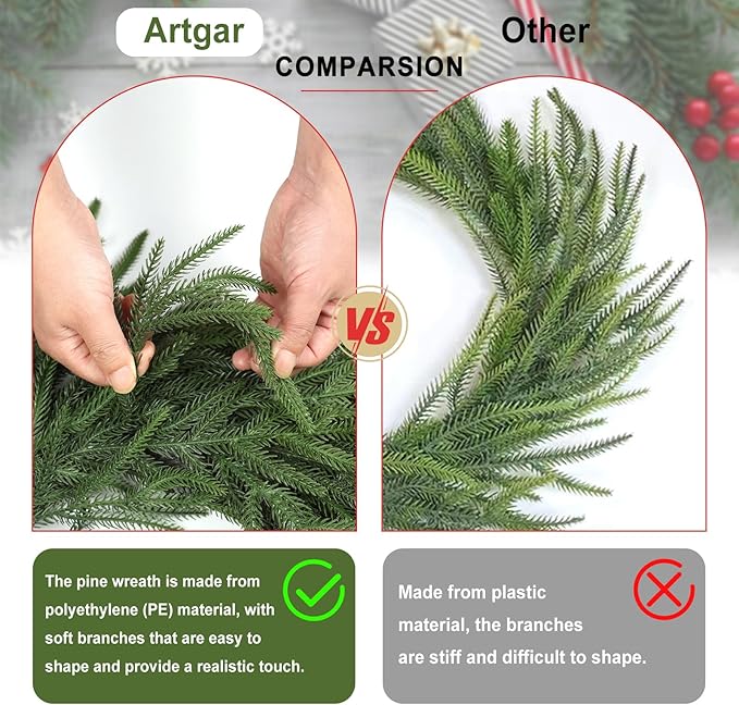 Artgar 26 Inch Pine Wreath - Christmas Wreaths for Front Door - Real Touch Pine Wreath - Large Artificial Green Wreaths for Walls Windows Porches Farmhouse Indoor Outdoor Home Decor (2 Pcs)