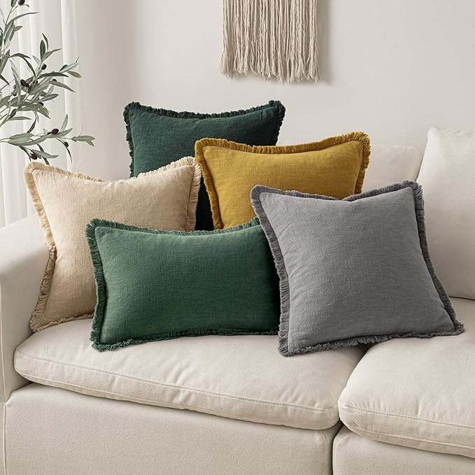 MIULEE Christmas Decorative Throw Pillow Covers Neutral Linen Fringe Throw Pillows Set of 2 Army Green Boho Farmhouse Cushion Covers with Tassels for Couch Sofa Bed Living Room Home Decor 18x18 Inch