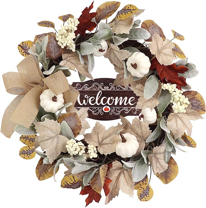 Fall Wreaths for Front Door Outside Decor, 20" Eucalyptus Maple Leaves Pumpkins Autumn Wreath Decorations with Bow and Hanging Sign for Thanksgiving Home Outdoor Indoor Porch Harvest