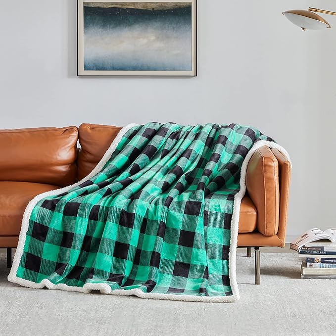Touchat Sherpa Green and Black Buffalo Plaid Christmas Twin Blanket 60" X 70", Fuzzy Fluffy Soft Cozy Blanket, Fleece Flannel Plush Microfiber Blanket for Couch Bed Sofa (Green and Black)