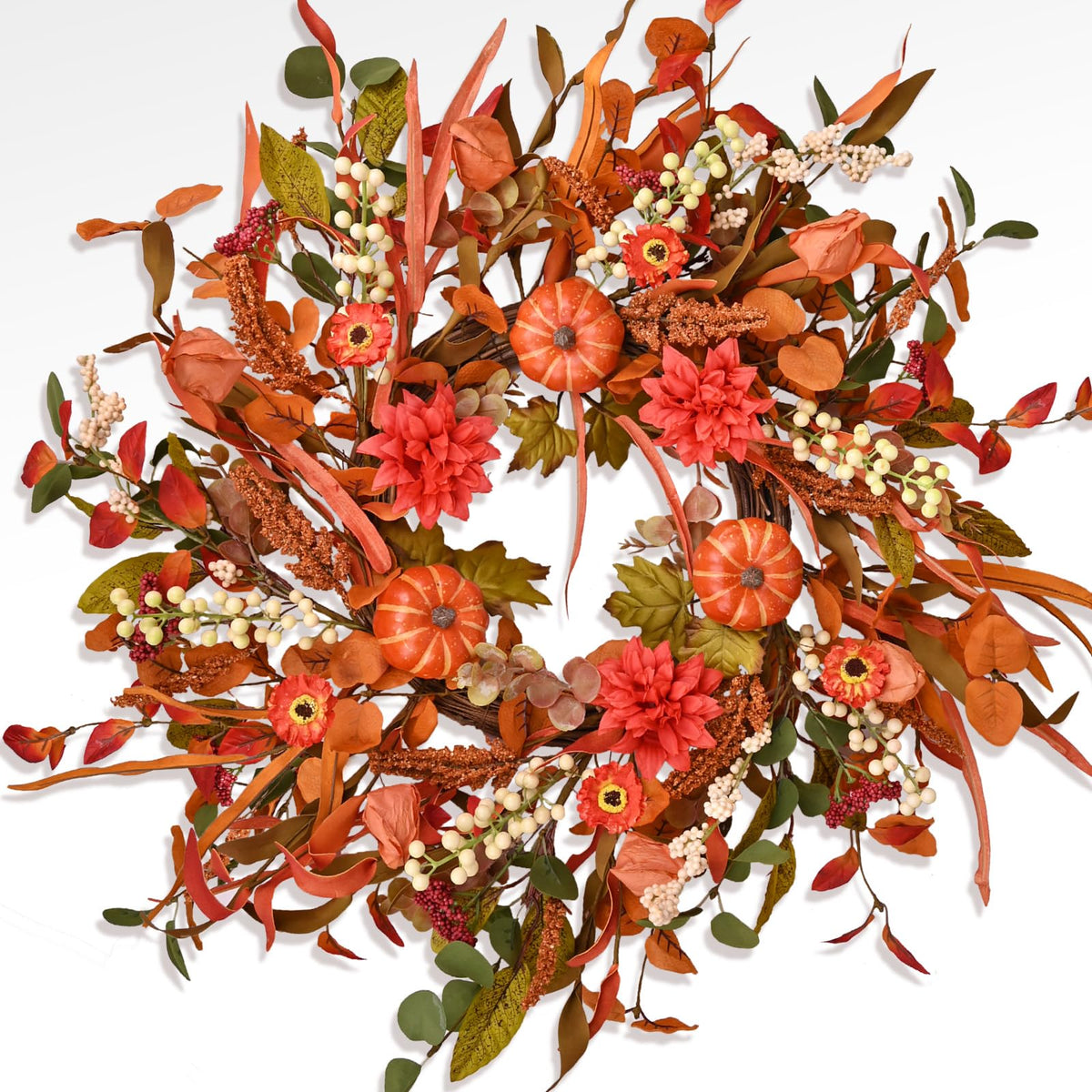 24" Pumpkin Fall Wreath with Colorful Mixed Leaves, Autumn Wildflower Artificial Wreath with Berry for Thanksgiving Halloween Front Door Home Wall Farmhouse Holiday Outdoor Indoor Décor