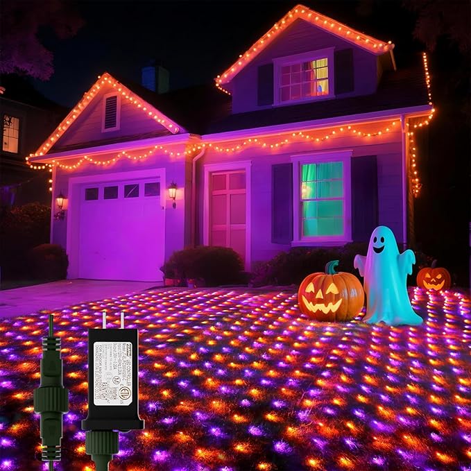 LitHome 14.8FT x 5FT Halloween Net Lights, 300 LED Purple Orange Bush Lights with 8 Modes, Connectable Waterproof Net Mesh Light Dark Green Wire for Bushes Shrubs Trees Outdoor Holiday Decor