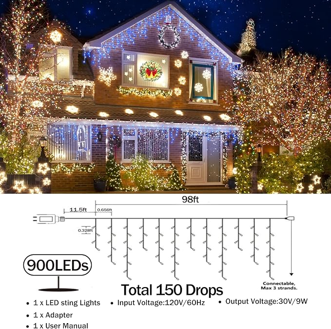 98FT Christmas Lights Outdoor Decorations 900LED Fairy String Light 12 Lighting Modes with Timer Memory Waterproof Christmas Light for Yard Roof Party Holiday Wedding Garden Decor