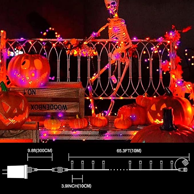 LAMPHOME 33ft Halloween Decorative Mini Lights, 100 LED Transparent Wire Fairy Starry String Lights Plug in, 12 Lighting Modes, for Halloween Decoration Outdoor Party Decoration (Orange and Purple)