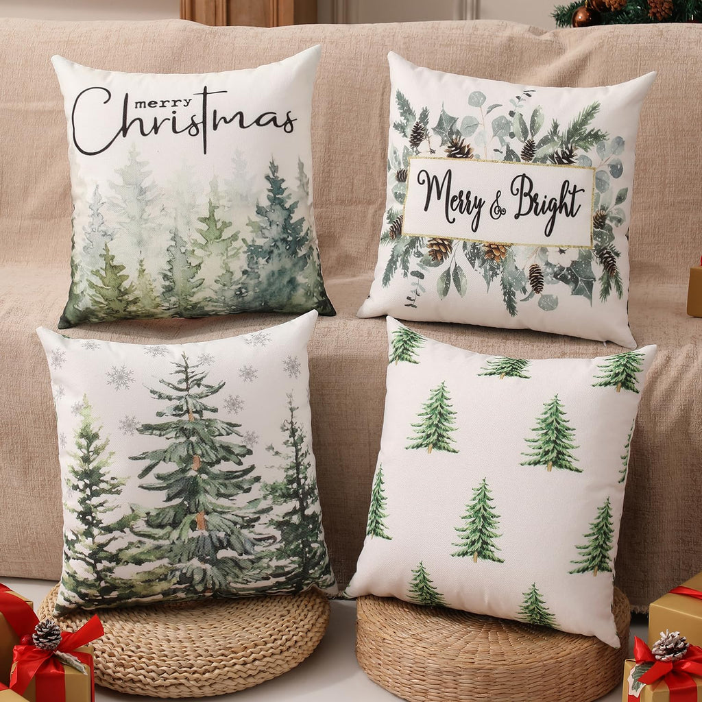 multiwins Double-Sided Print Christmas Pillow Covers 18"x18" Set of 4, 8 Cute Christmas Patterns, Tree, Merry Christmas, Truck, Merry & Bright, Let It Snow, Etc, Perfect for Home Decor