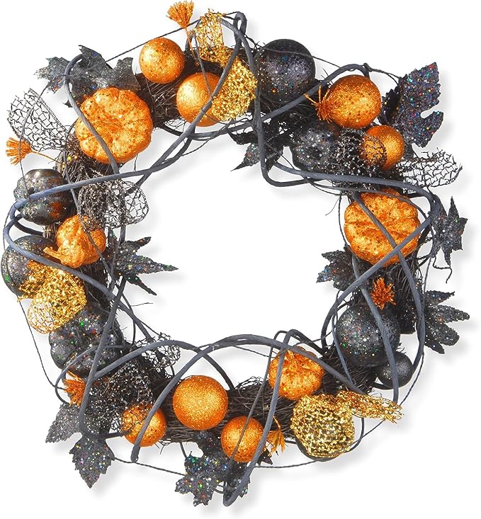 National Tree Company Artificial Halloween Wreath, Decorated with Multicolored Pumpkins, Gourds, Ball Ornaments, Ribbons, Vines, Assorted Leaves, Halloween Collection, 20 inches