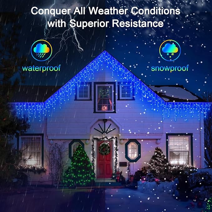 1296 LED 131FT Christmas Lights 288 Drops, Outdoor Hanging lights with 8 Modes Timer, Plug in Curtain String Lights Outdoor Waterproof for House Fence Tree Holiday Wedding Party Outside Decor (Blue)