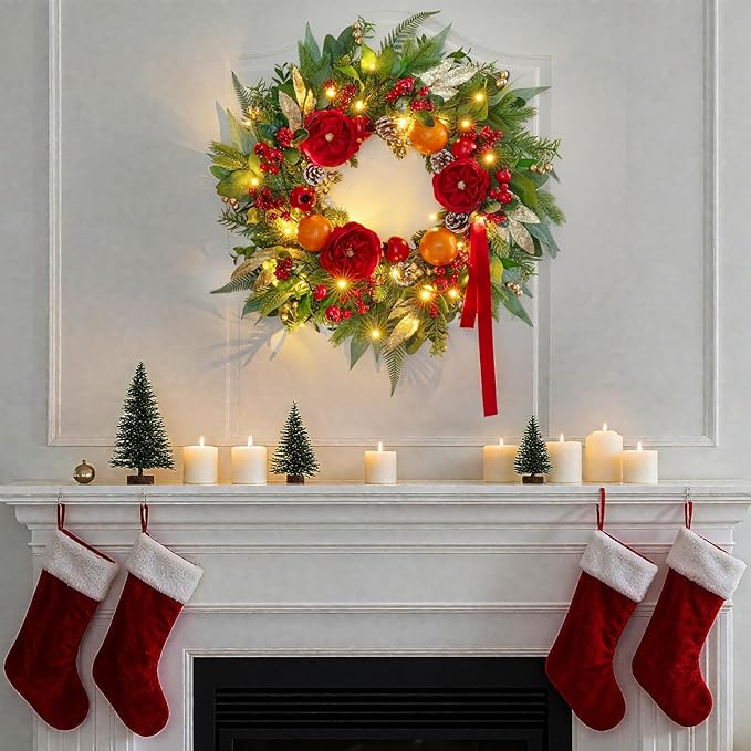 Pre-lit Christmas Wreaths for Front Door- 24 Inch Outdoor Christmas Wreath with Lights,Green Lighted Xmas Door Wreath with Pinecones,Red Flowers and Orange Berries for Holiday Decor
