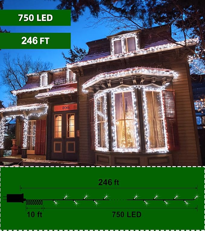 750 LED Outdoor Christmas Lights Decorations, 246ft Green Wire LED Christmas String Lights with Timer Memory, Twinkle Lighs for Indoor Outdoor Xmas Party Christmastree Wedding Garden Patio Cool White