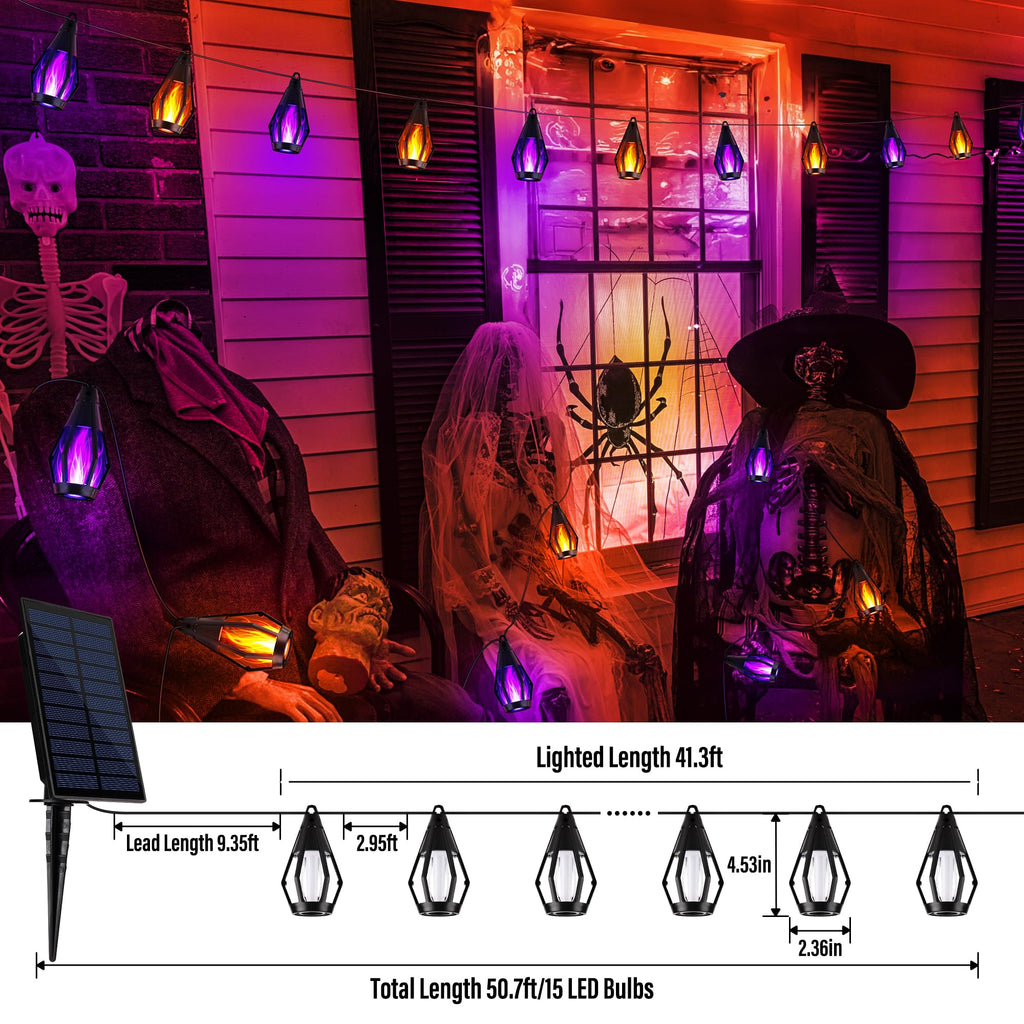 iBaycon Solar Halloween Lights, 42Ft 15 LED Bulbs Flickering Flame String Light, Outdoor Waterproof Solar Flame Lights for Garden Yard Patio Halloween Decorations (Warm White + Purple)