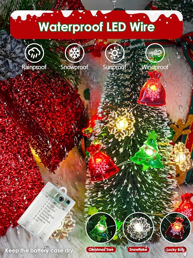 Christmas Decoration Lights, 10FT 30 LED Christmas Tree Snowflake Lucky Bag Fairy Lights Battery Operated with Remote, Twinkle String Light 8 Modes & Timer for Indoor Outdoor Xmas Party House Decor