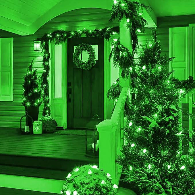 Dazzle Bright C9 Christmas String Lights, Waterproof Connectable Green Wire Fairy Lights, Christmas Lights for Indoor Outdoor Home Yard Xmas Tree House Decorations (Green, 100 LED)