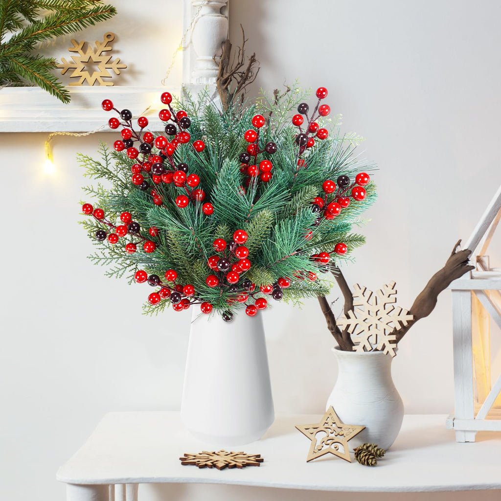 Winlyn 65 Pcs Artificial Pine Branches and Red Berries Stems Christmas Greenery Stems Cedar Picks for Christmas Tree Wreath Winter Wedding Holiday Floral Arrangement Table Centerpiece DIY Crafts