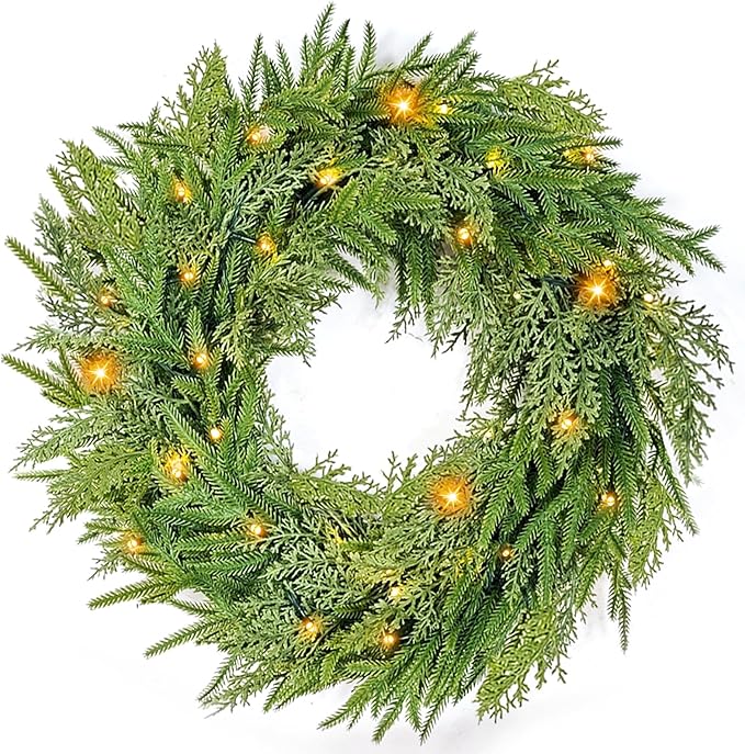 24" Prelit Christmas Wreath for Front Door, Real Touch Norfolk Pine Wreath Thick & Soft Christmas Wreaths with Light, Timer, Norfolk Pine Cypress Leaf Christmas Door Wreath for Home Wall Outdoor Decor