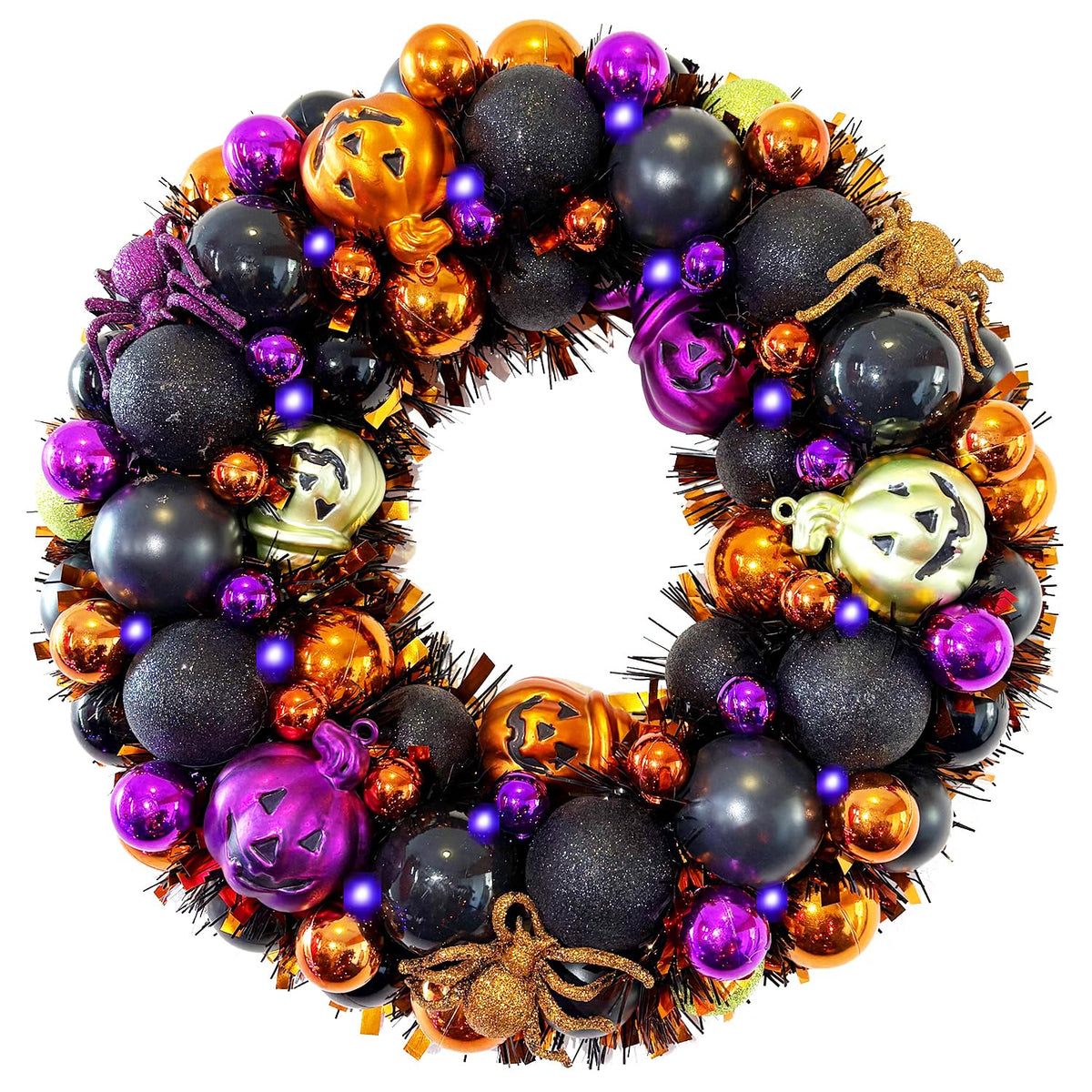 HipTree 13.8 Inch Halloween Ball Wreath for Front Door with Lights, Lighted Cute Treat-or-Trick Door Wreath Ball Ornament for Halloween Indoor Decorations Centerpiece Party Holiday Wall Home Decor