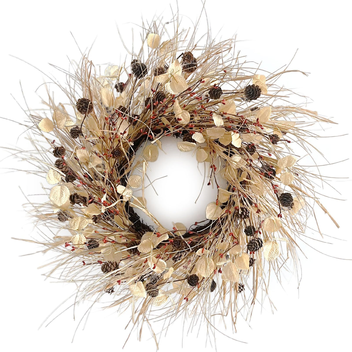 Fall Wreath for Front Door 24 Inch Fall Door Wreaths, Large Autumn Wreath with Berry Pinecones and Raffia, Grapevine Decor for Door Wall Window Home and Halloween Christmas Thanksgiving Decoration