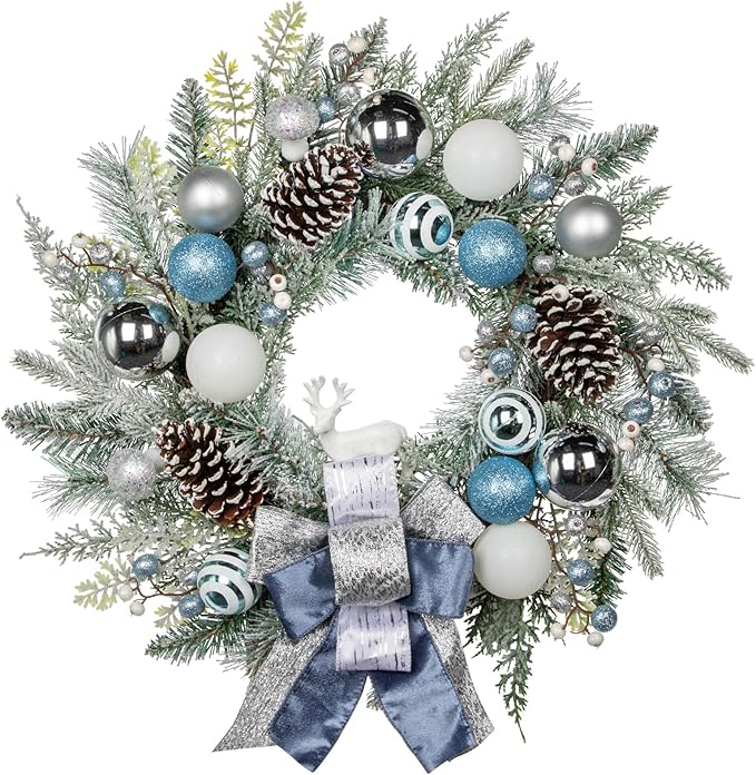 24" Christmas Wreath for Front Door Artificial Unlit Winter Wreath with Pine Cones, Berry Clusters, Blue Ball Ornaments and Ribbon for Thanksgiving Holiday Christmas Decoration