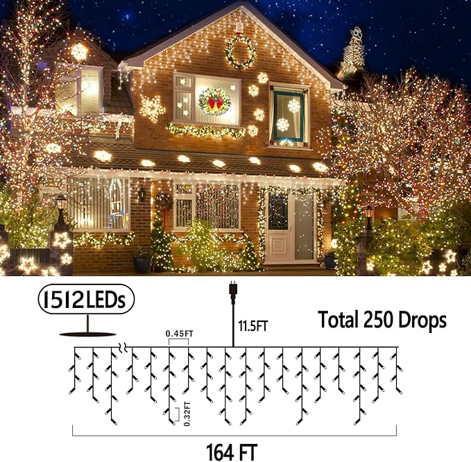 164FT Christmas Lights Outdoor Decorations 1512LED Fairy String Light 12 Lighting Modes with Timer Memory Waterproof Christmas Light for Yard Roof Party Holiday Wedding Garden Decor