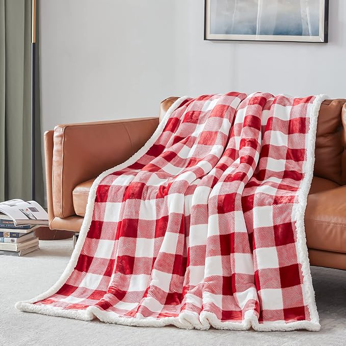 Touchat Sherpa Red and White Buffalo Plaid Christmas Twin Blanket 60" X 70", Fuzzy Fluffy Soft Cozy Blankets, Fleece Flannel Plush Microfiber Throw for Couch Bed Sofa (Red and White)