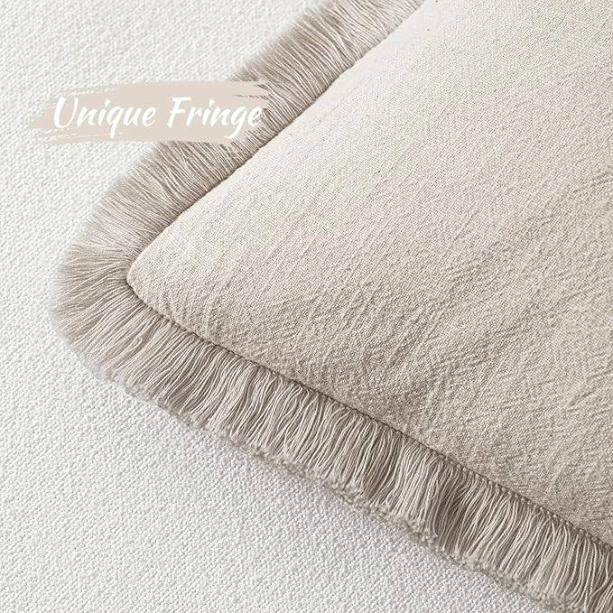 MIULEE Christmas Decorative Throw Pillow Covers Neutral Linen Fringe Fall Throw Pillows Set of 2 Natural Beige Boho Farmhouse Cushion Covers with Tassels for Couch Sofa Bed Home Decor 20x20 Inch