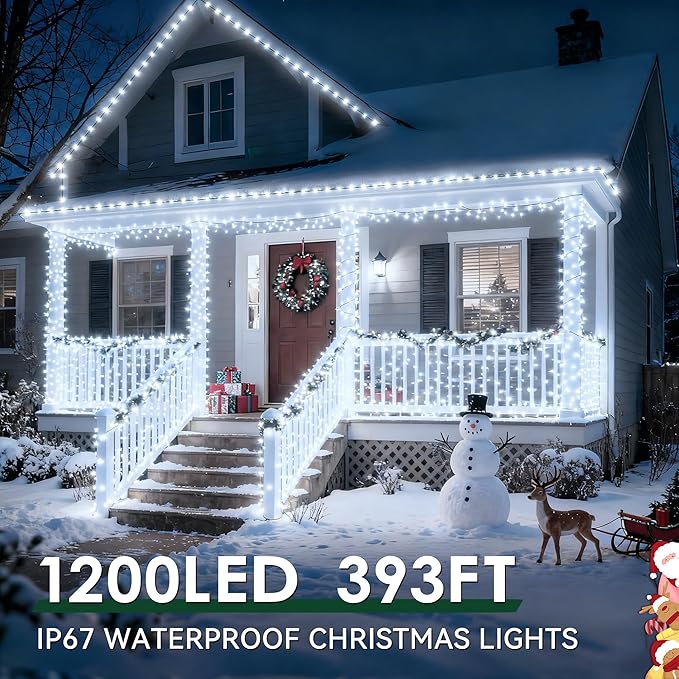 Outdoor Christmas Lights, 1200LEDs 393FT Christmas Tree String Lights, IP67 Waterproof 8 Modes Cold White Holiday Lights with Remote for House Yard Xmas Decorations